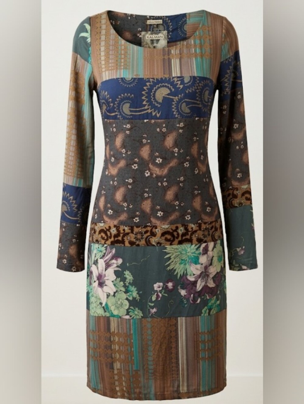 Maliparmi Silk Patchwork Midi Dress Long Sleeve Floral Paisley (Sz 8/M) Designer